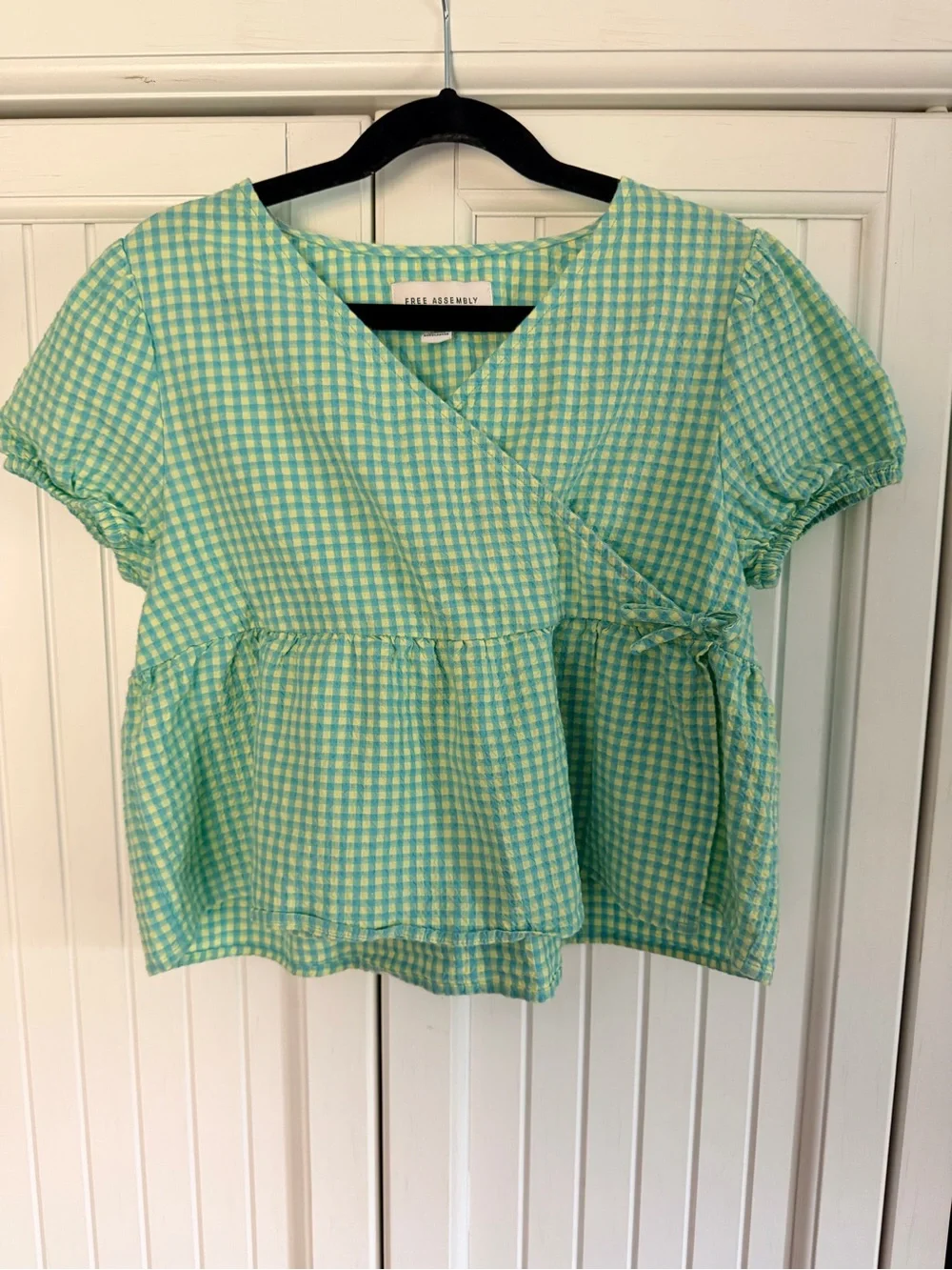Green Gingham Wrap Peplum Blouse